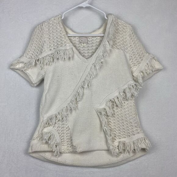 Anthropologie Sweater Womens Small Ivory Cream V Neck Short Sleeve Knit - Picture 1 of 9